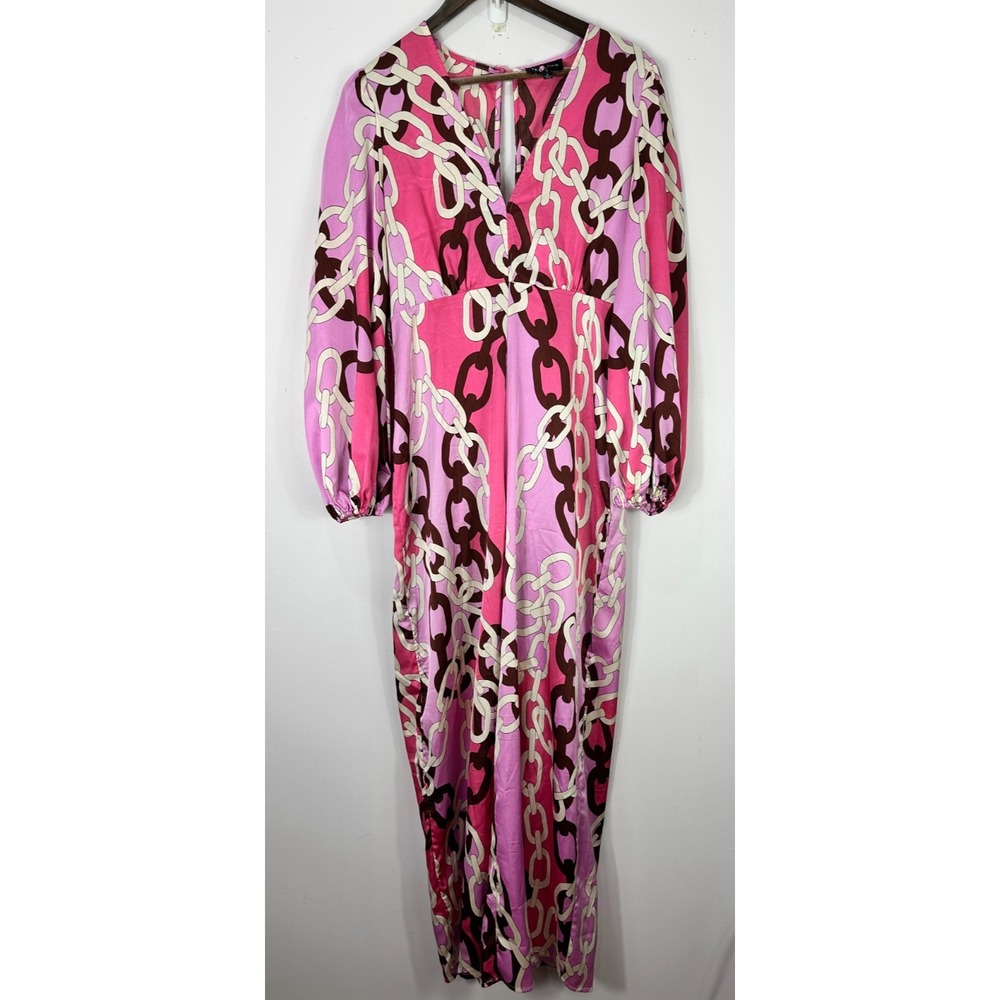 The Sang Jumpsuit Womens Medium Pink Chain‎ Print Retro Long Sleeve V-Neck Boho